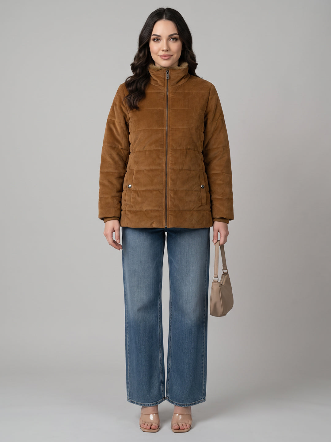 Women Rust Corduroy Overlap Neck Full Sleeve Bomber Jacket