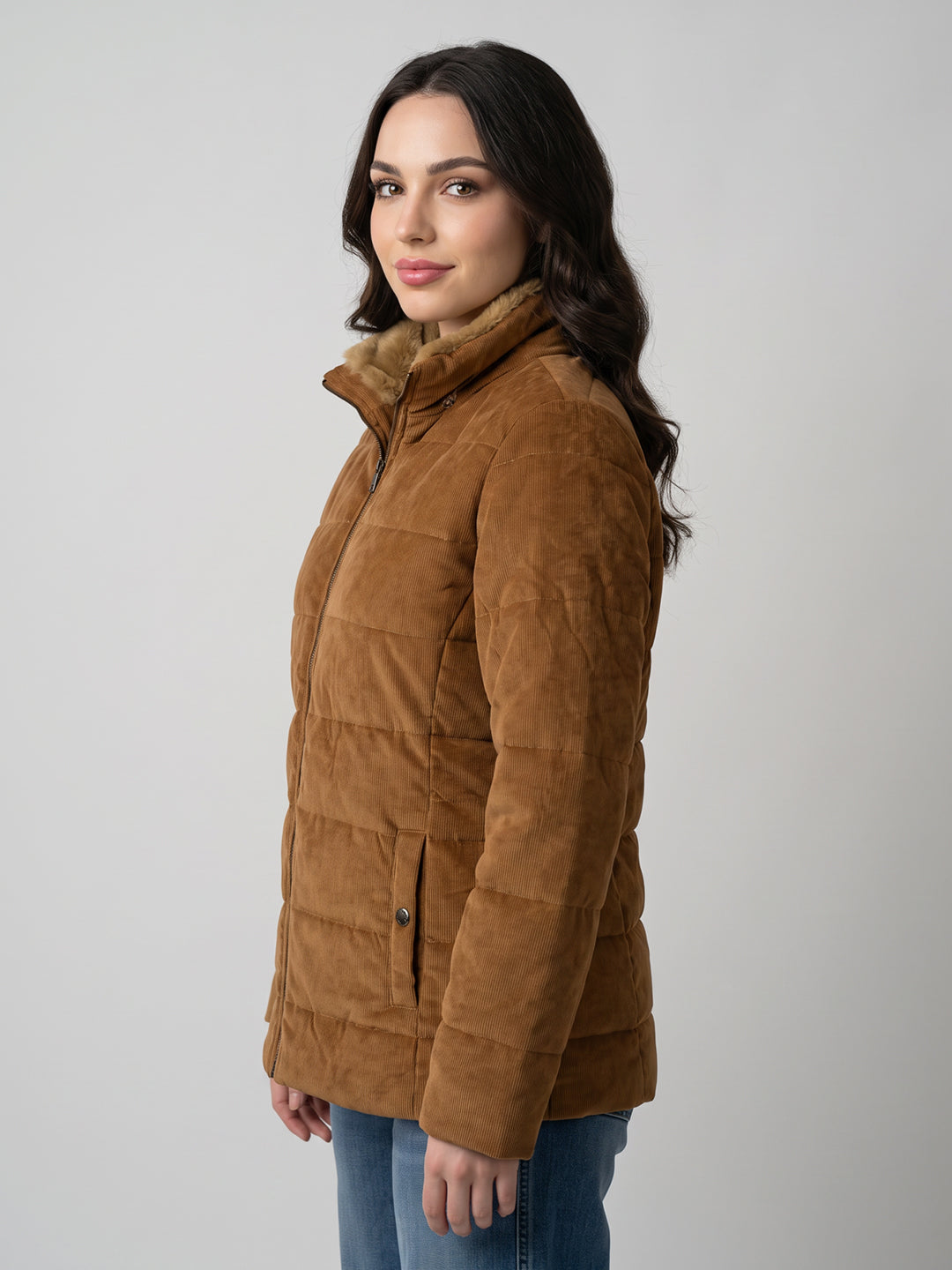 Women Rust Corduroy Overlap Neck Full Sleeve Bomber Jacket