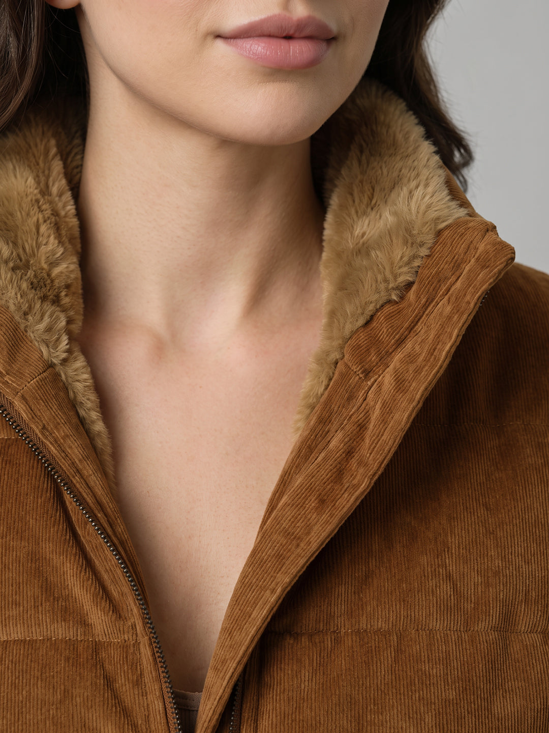 Women Rust Corduroy Overlap Neck Full Sleeve Bomber Jacket