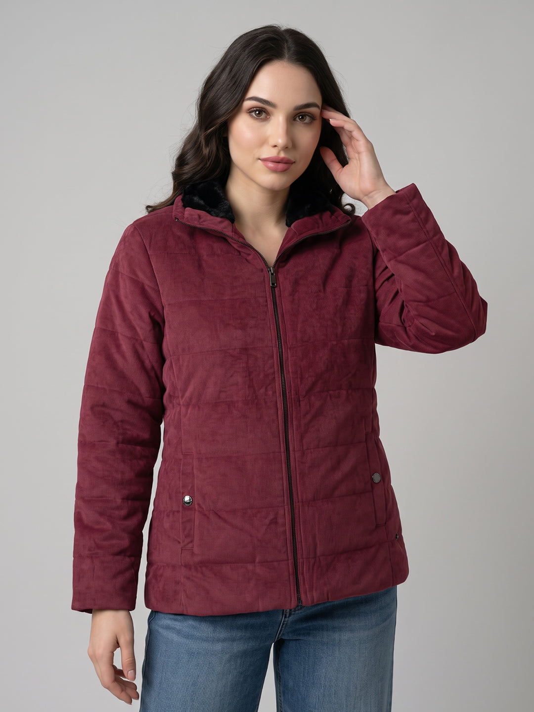 Women Maroon Corduroy Overlap Neck Full Sleeve Bomber Jacket