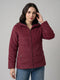 Women Maroon Corduroy Overlap Neck Full Sleeve Bomber Jacket