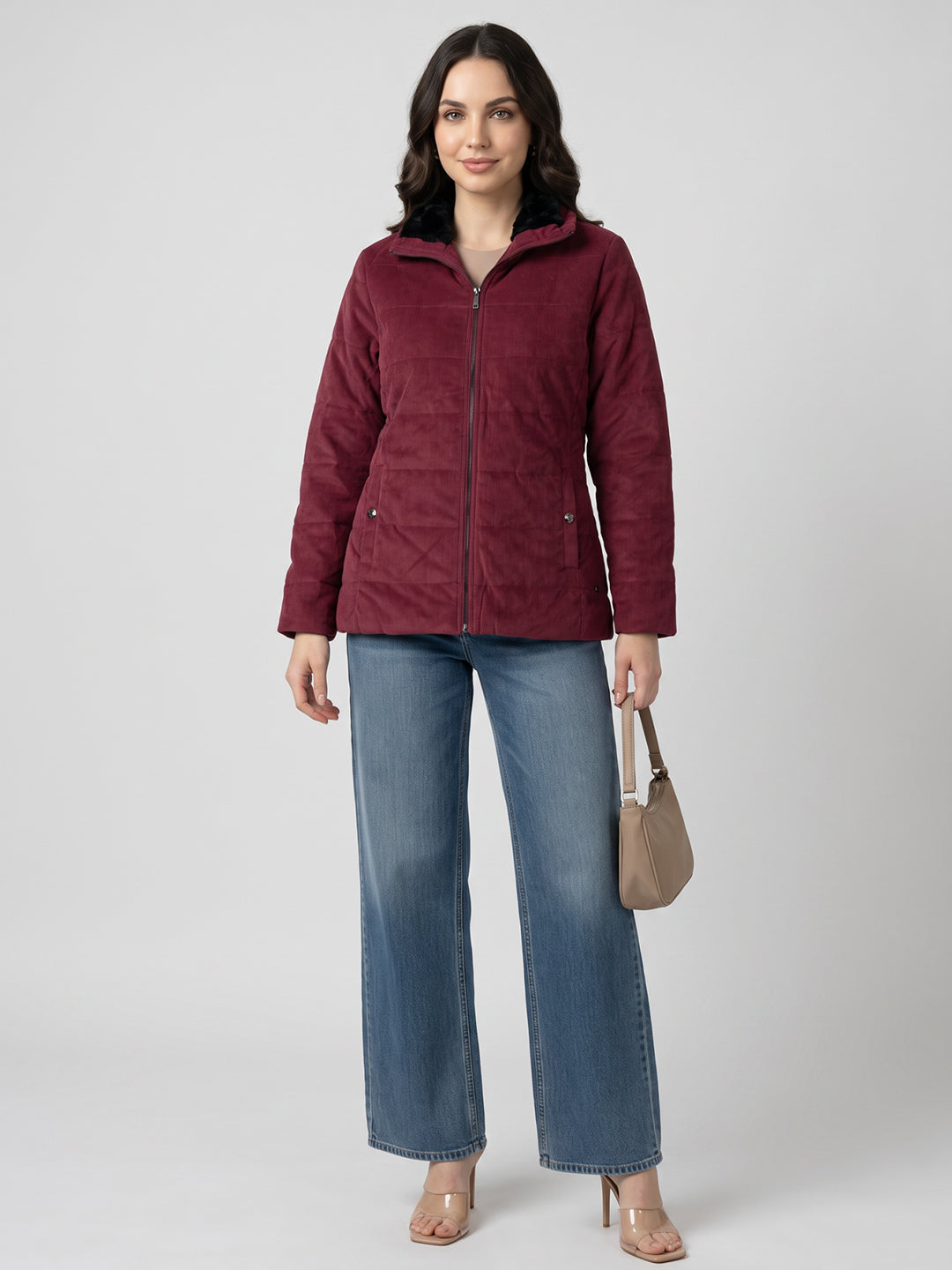 Women Maroon Corduroy Overlap Neck Full Sleeve Bomber Jacket