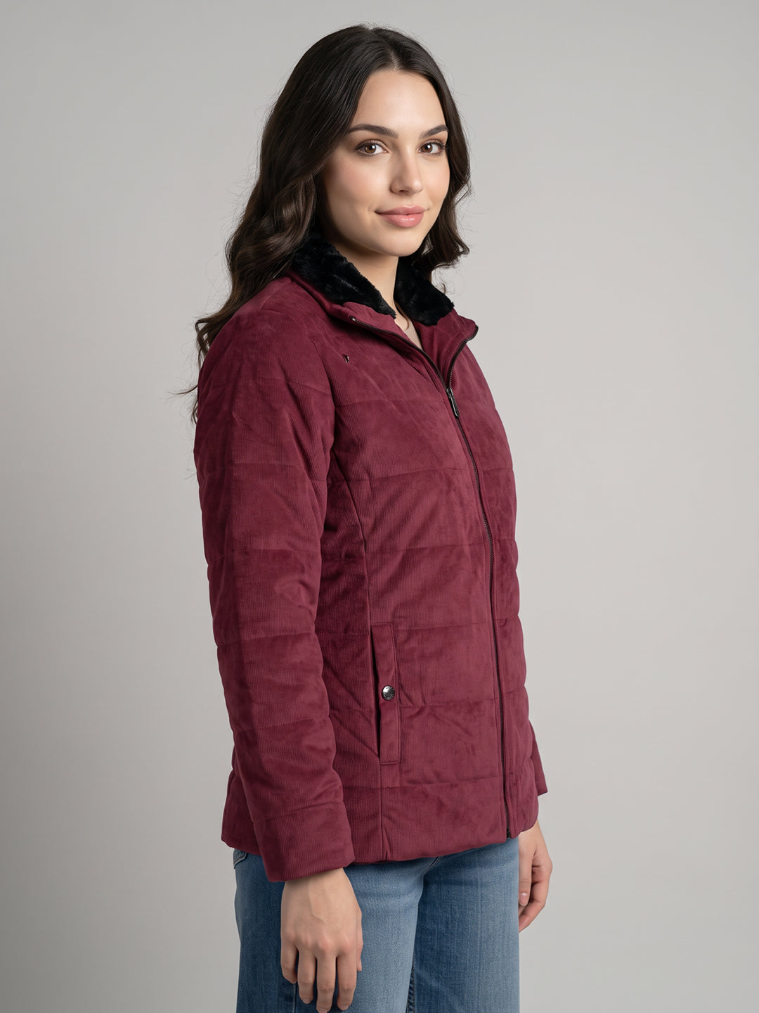 Women Maroon Corduroy Overlap Neck Full Sleeve Bomber Jacket