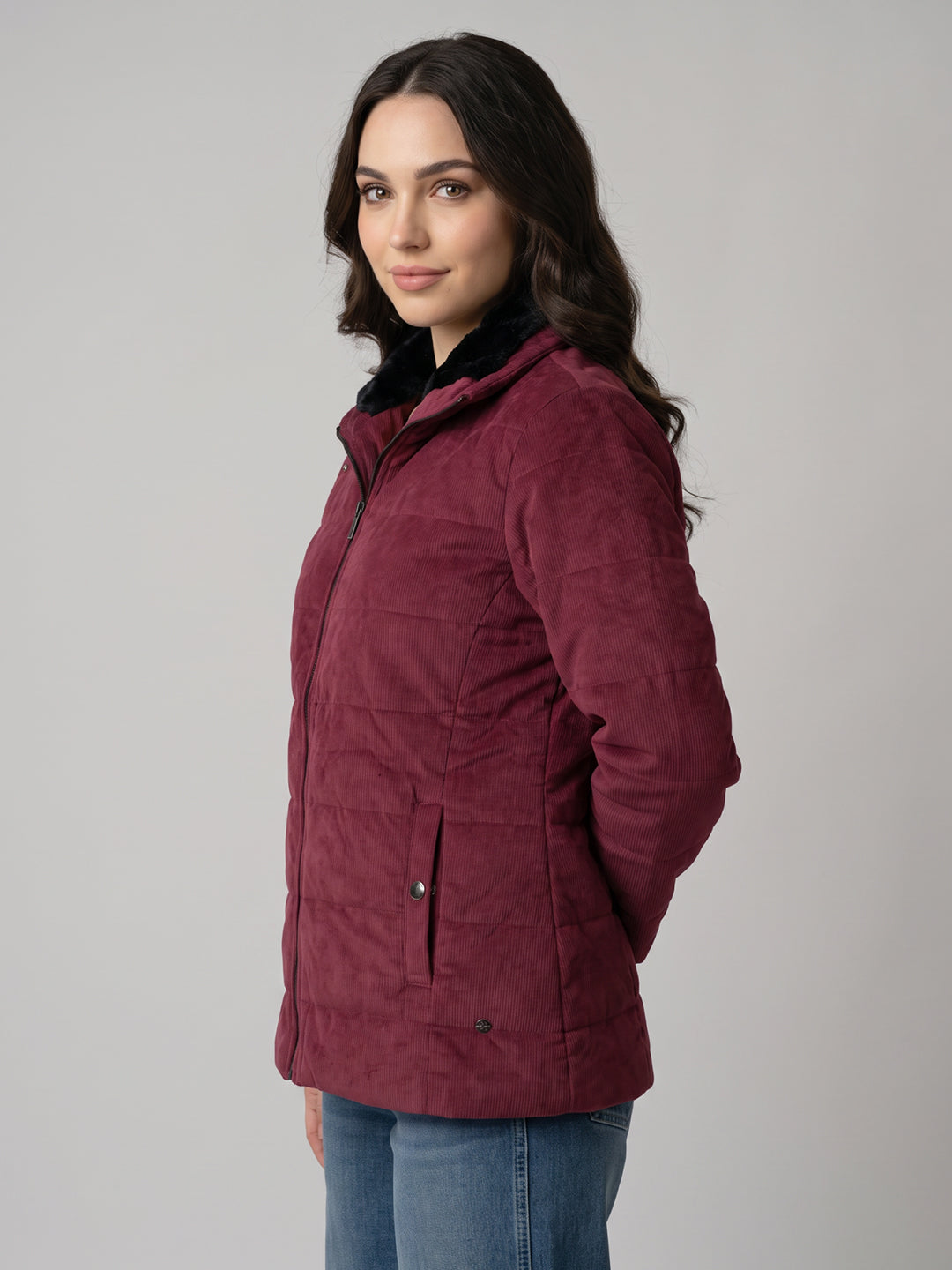 Women Maroon Corduroy Overlap Neck Full Sleeve Bomber Jacket