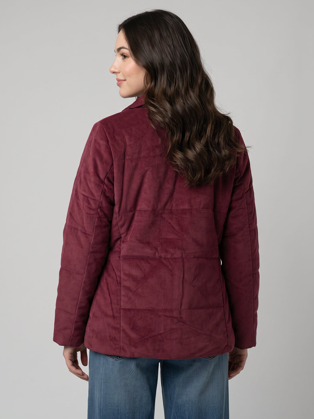 Women Maroon Corduroy Overlap Neck Full Sleeve Bomber Jacket