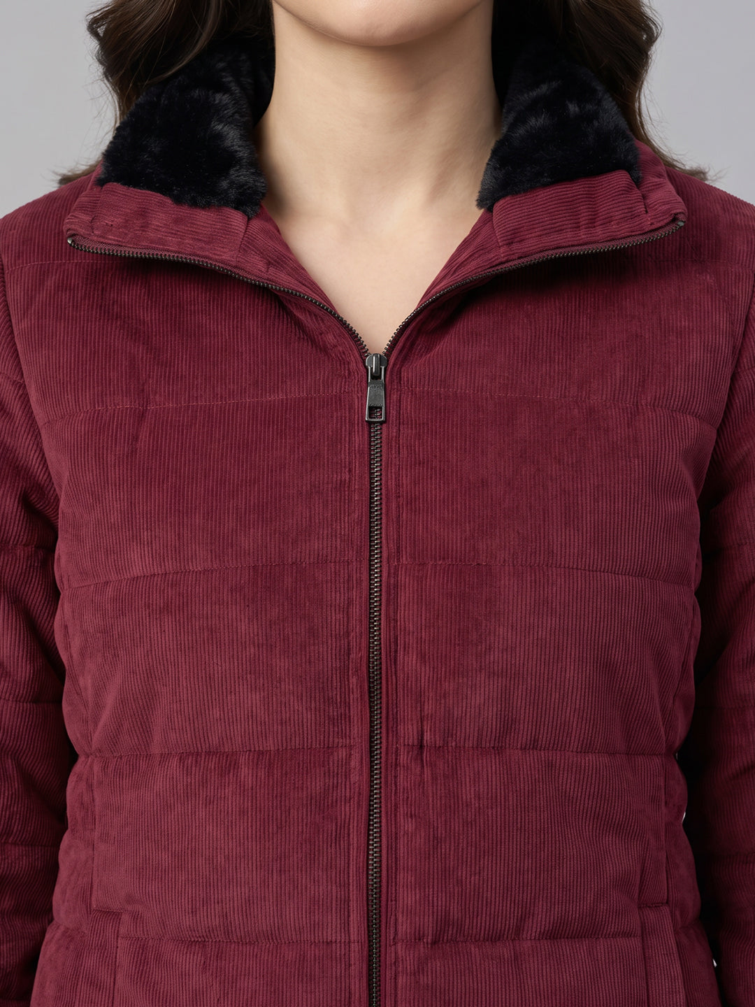 Women Maroon Corduroy Overlap Neck Full Sleeve Bomber Jacket