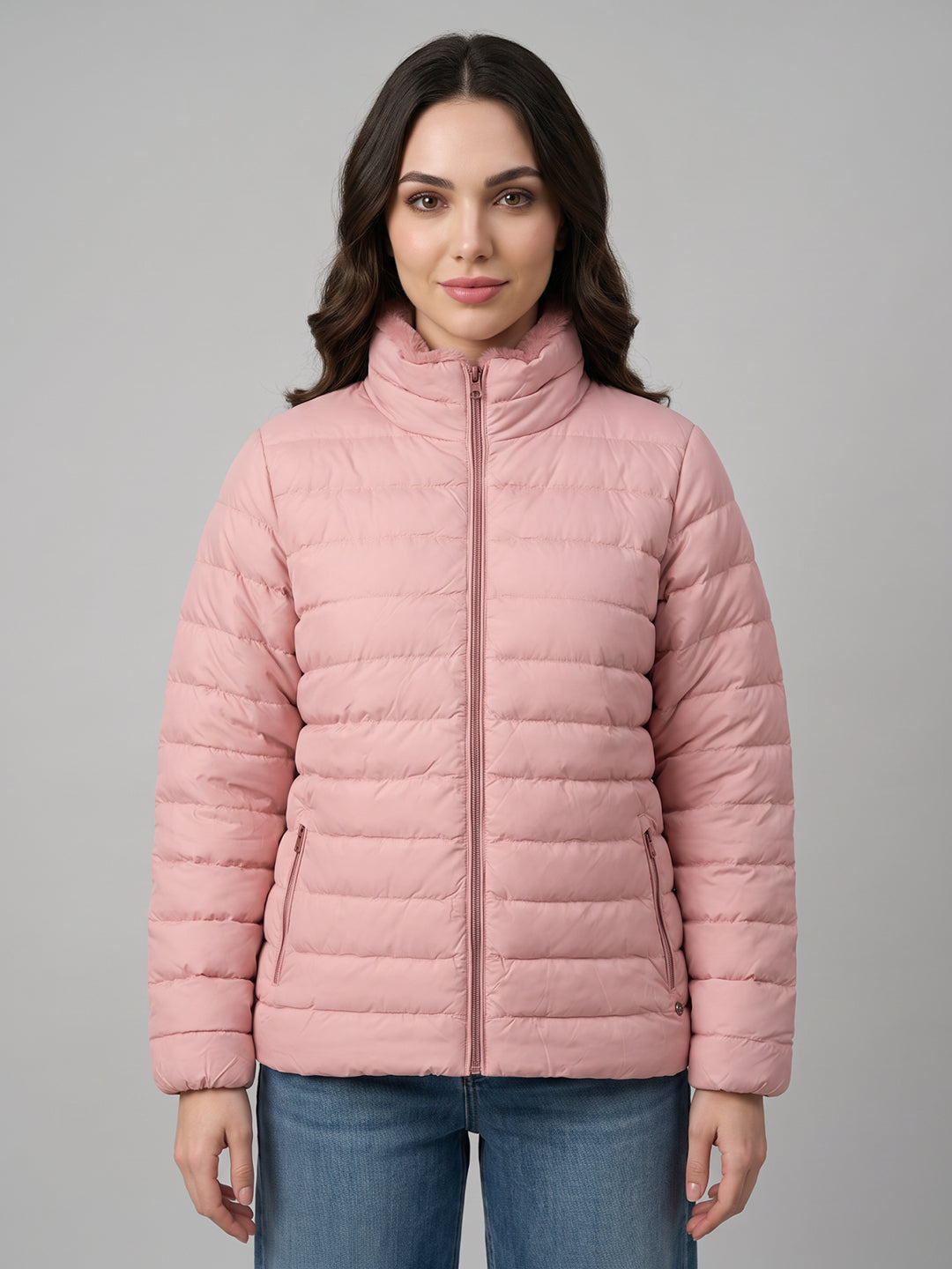 Women Pink Solid Overlap Neck Full Sleeve Puffer Jacket