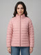 Women Pink Solid Overlap Neck Full Sleeve Puffer Jacket