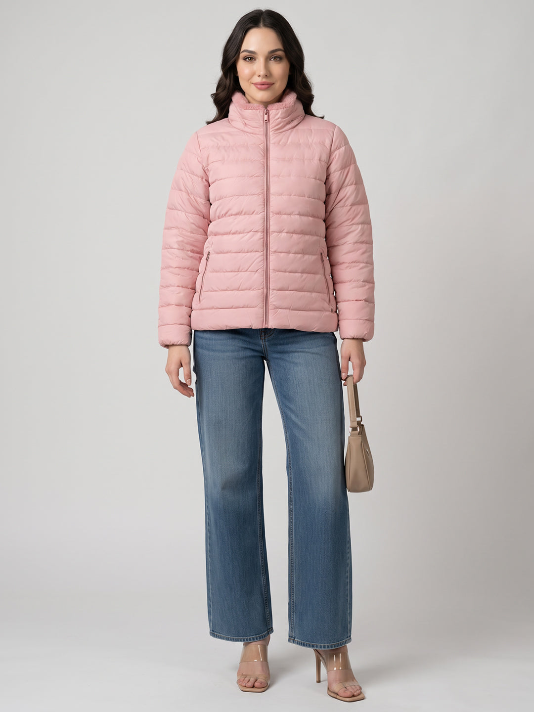 Women Pink Solid Overlap Neck Full Sleeve Puffer Jacket