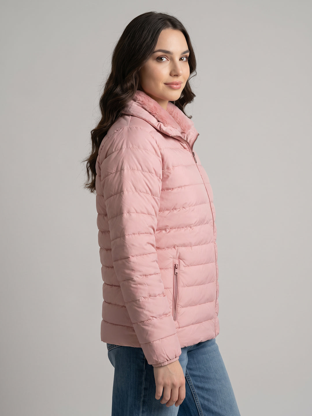 Women Pink Solid Overlap Neck Full Sleeve Puffer Jacket