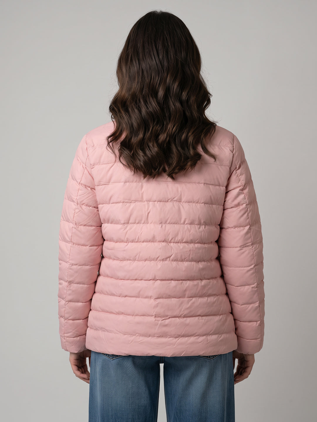 Women Pink Solid Overlap Neck Full Sleeve Puffer Jacket