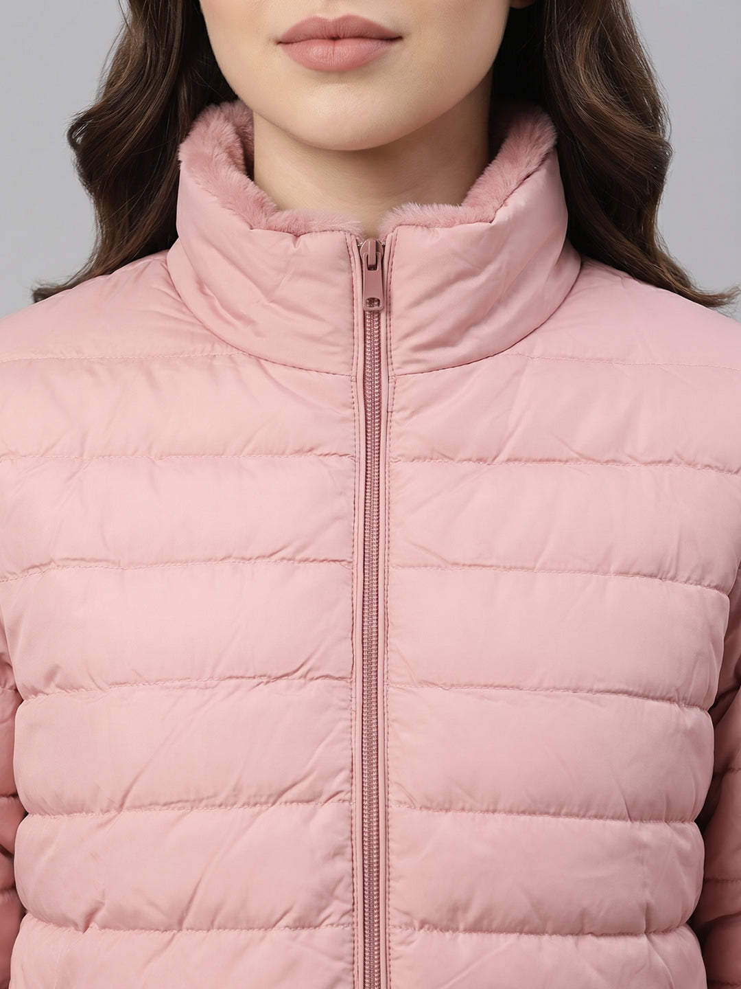 Women Pink Solid Overlap Neck Full Sleeve Puffer Jacket