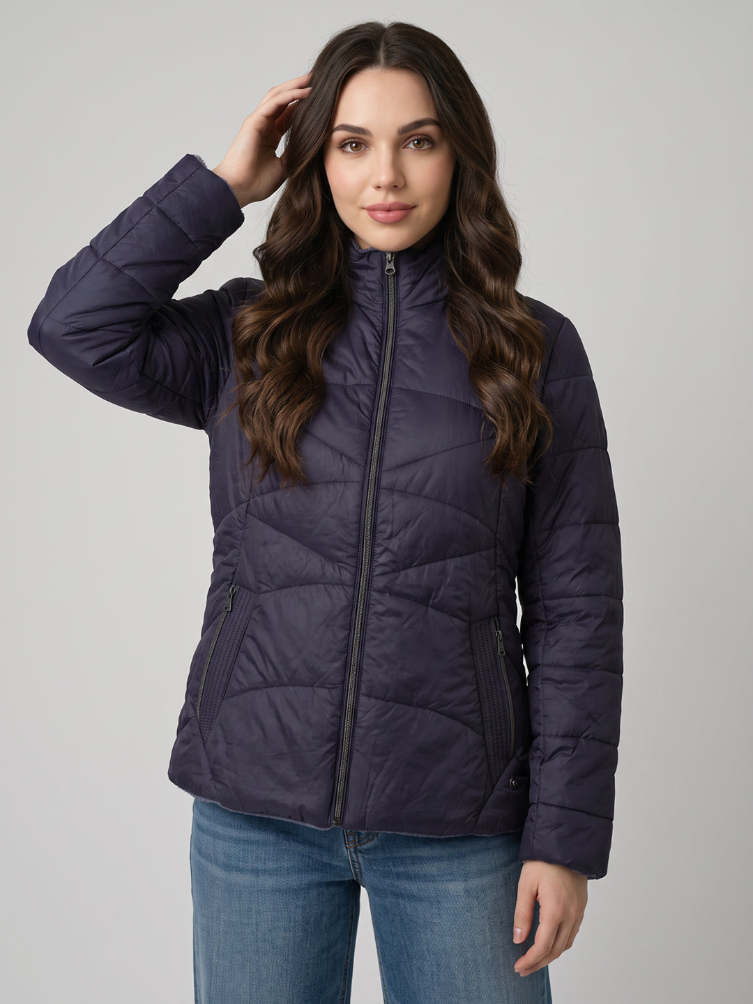 Women Purple Solid Stand Collar Full Sleeve Jacket