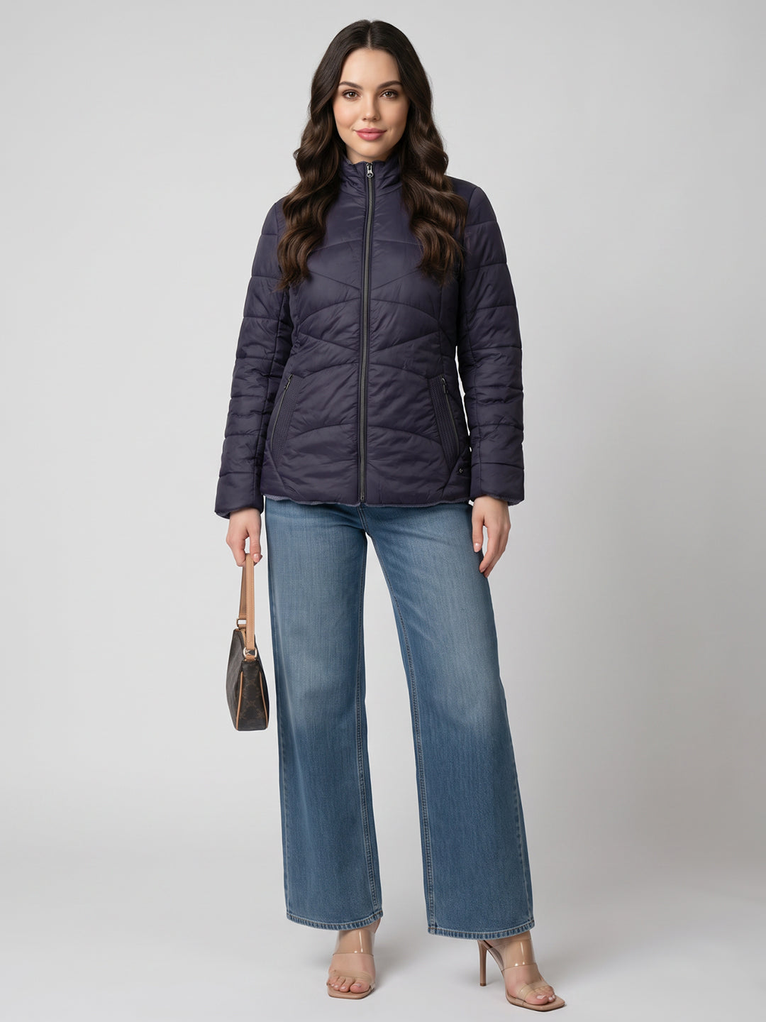 Women Purple Solid Stand Collar Full Sleeve Jacket