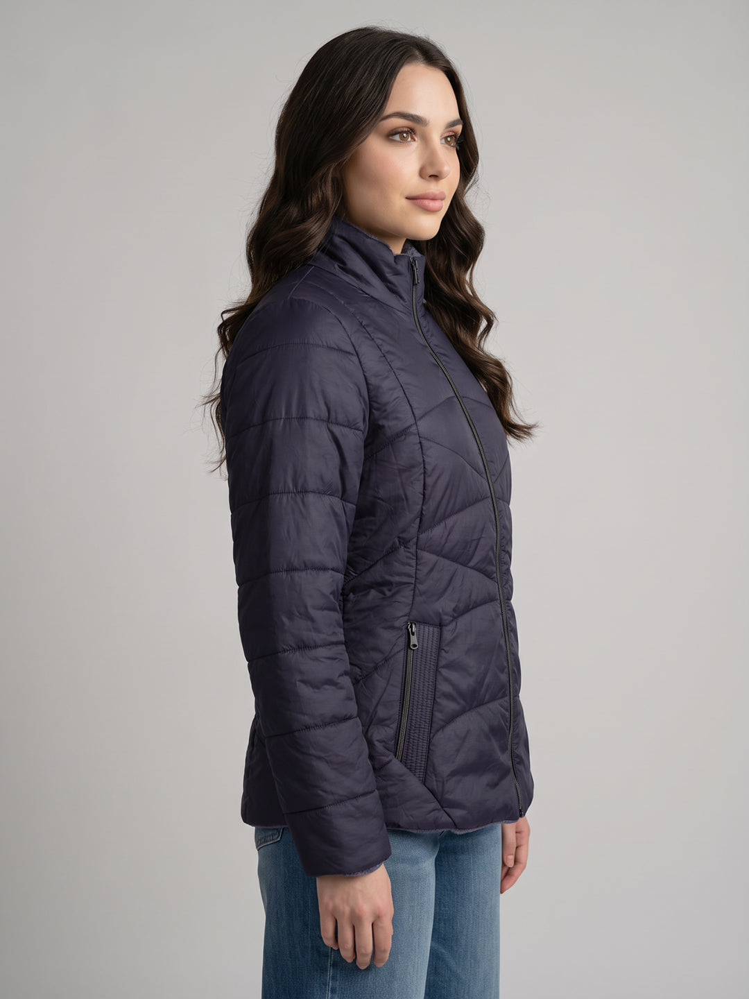Women Purple Solid Stand Collar Full Sleeve Jacket