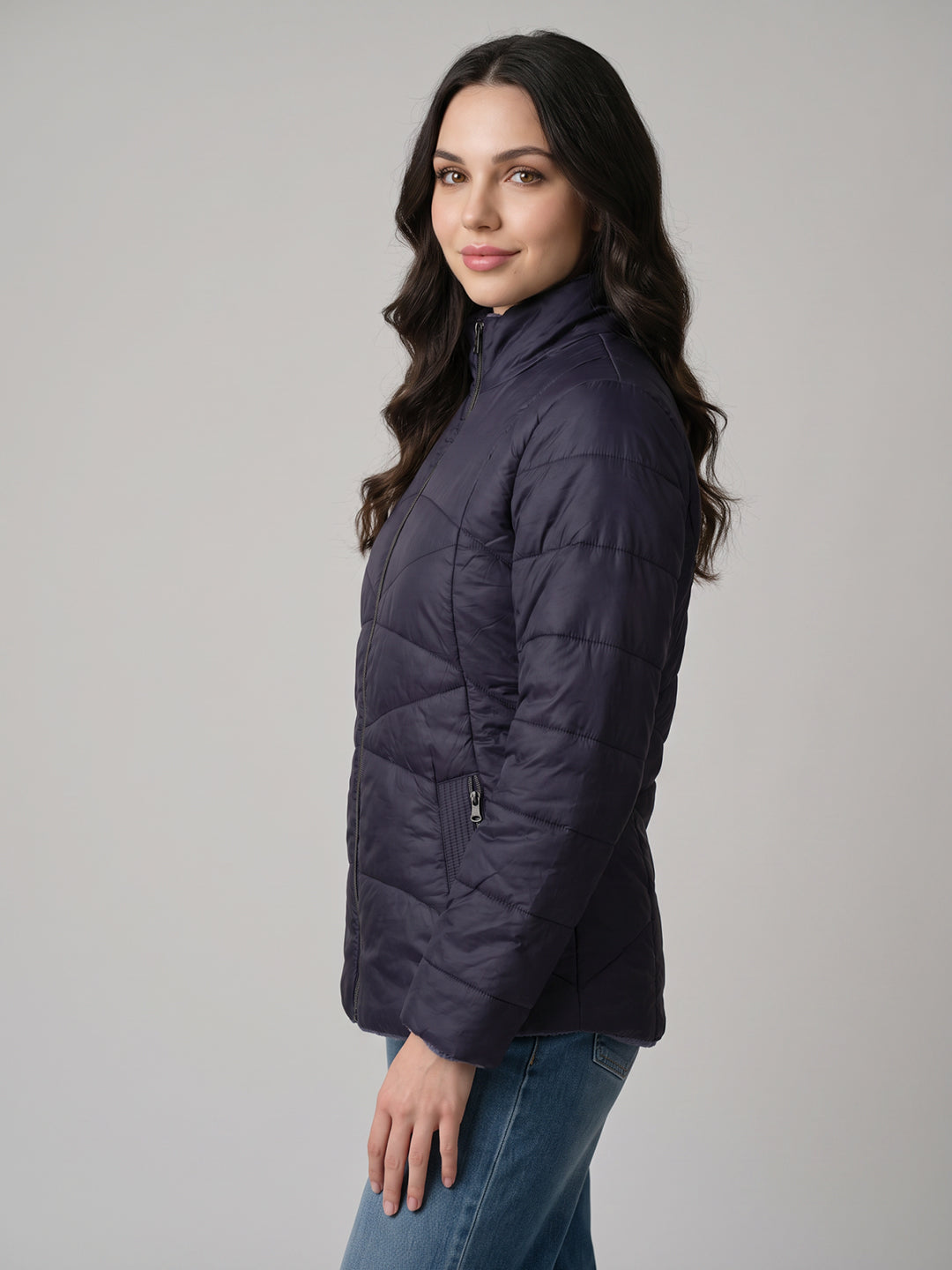 Women Purple Solid Stand Collar Full Sleeve Jacket