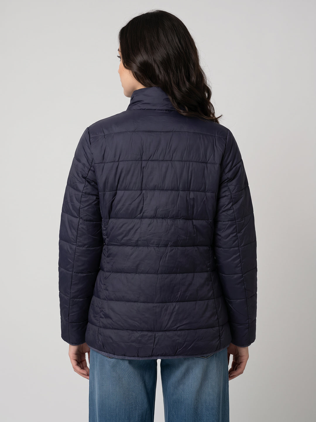 Women Purple Solid Stand Collar Full Sleeve Jacket