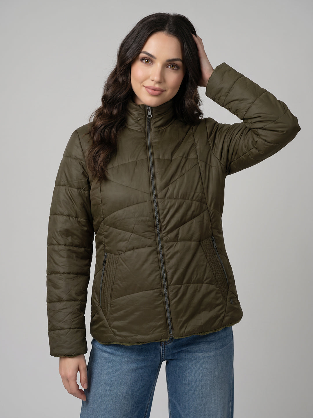 Women Olive Solid Stand Collar Full Sleeve Jacket