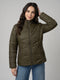 Women Olive Solid Stand Collar Full Sleeve Jacket