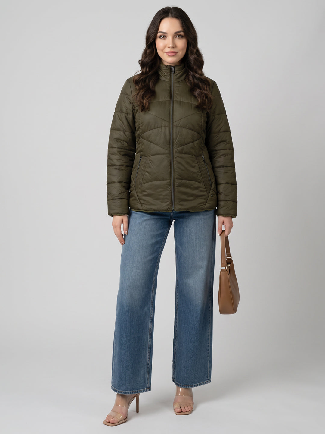 Women Olive Solid Stand Collar Full Sleeve Jacket