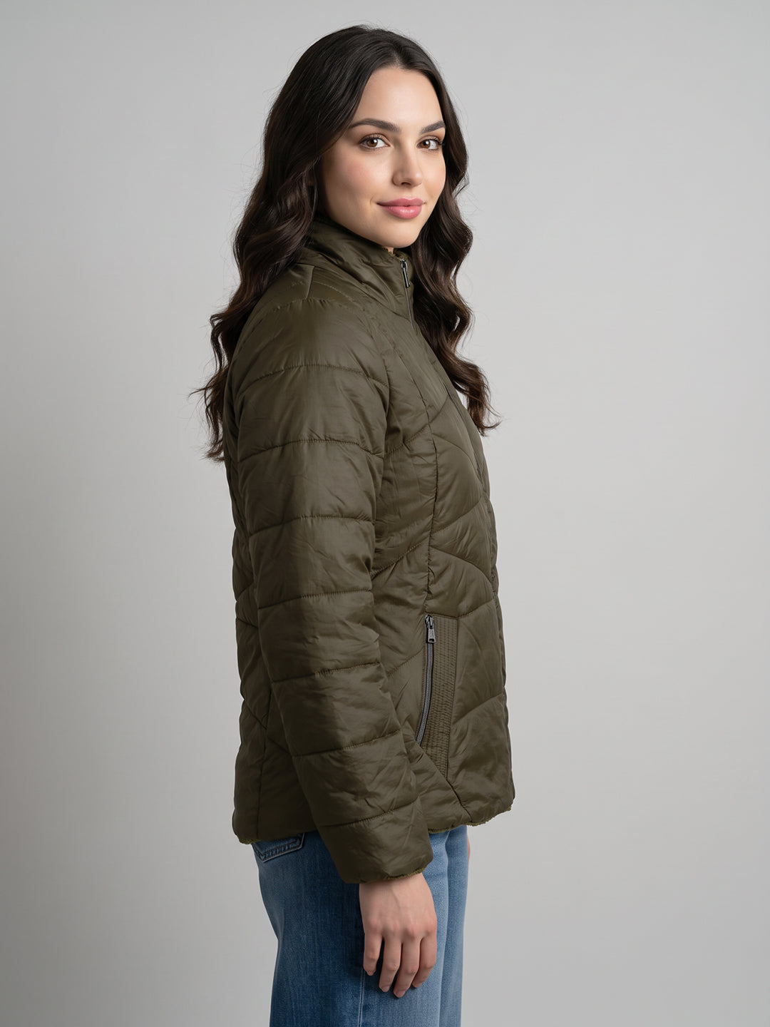 Women Olive Solid Stand Collar Full Sleeve Jacket