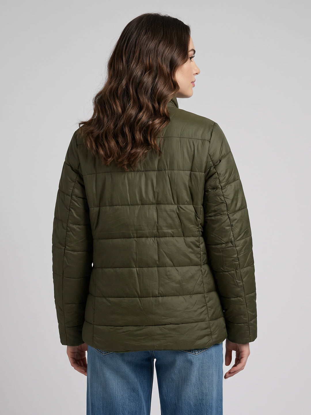 Women Olive Solid Stand Collar Full Sleeve Jacket