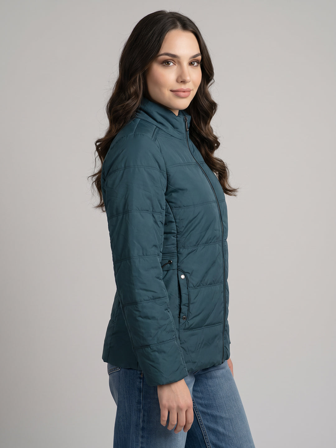 Women Teal Blue Solid Turtle Neck Full Sleeve Jacket