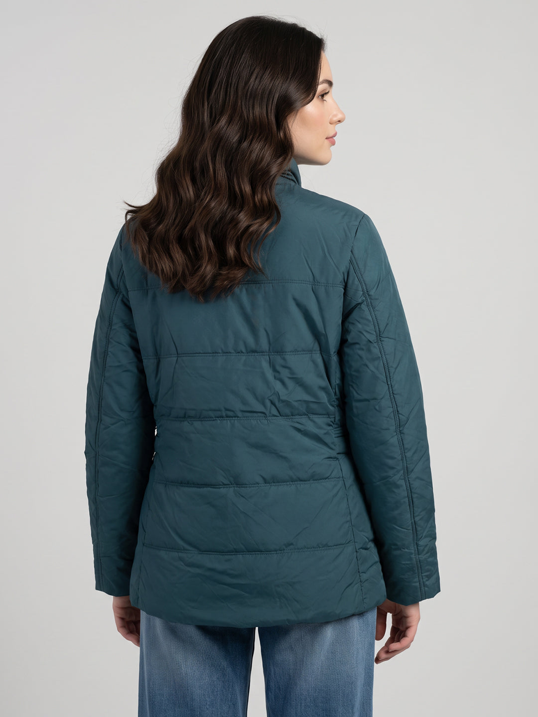 Women Teal Blue Solid Turtle Neck Full Sleeve Jacket
