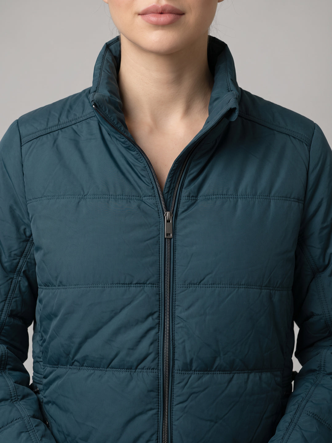 Women Teal Blue Solid Turtle Neck Full Sleeve Jacket