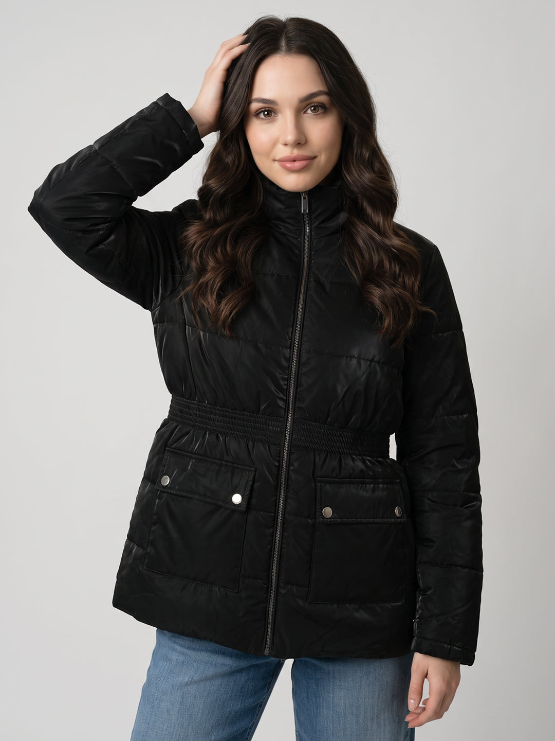 Women Black Solid Turtle Neck Full Sleeve Jacket
