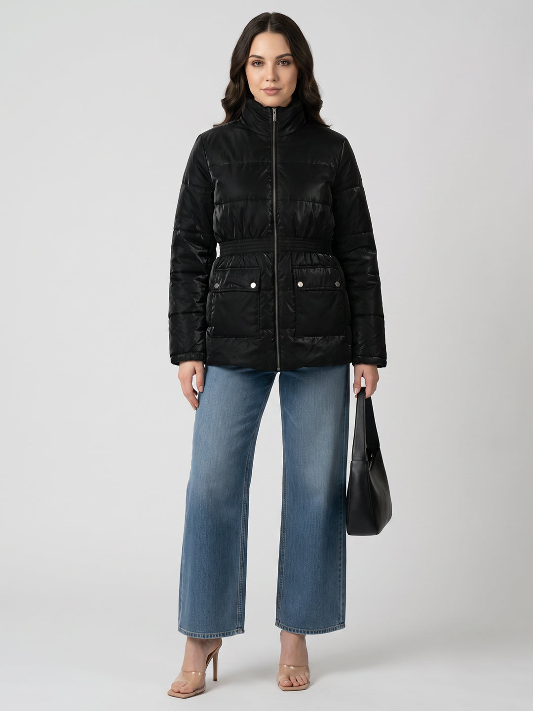 Women Black Solid Turtle Neck Full Sleeve Jacket
