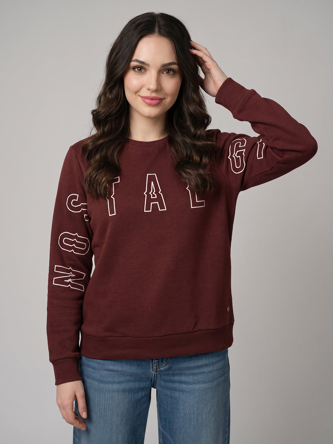Women Brown Self Design Round Neck Full Sleeve Sweatshirt