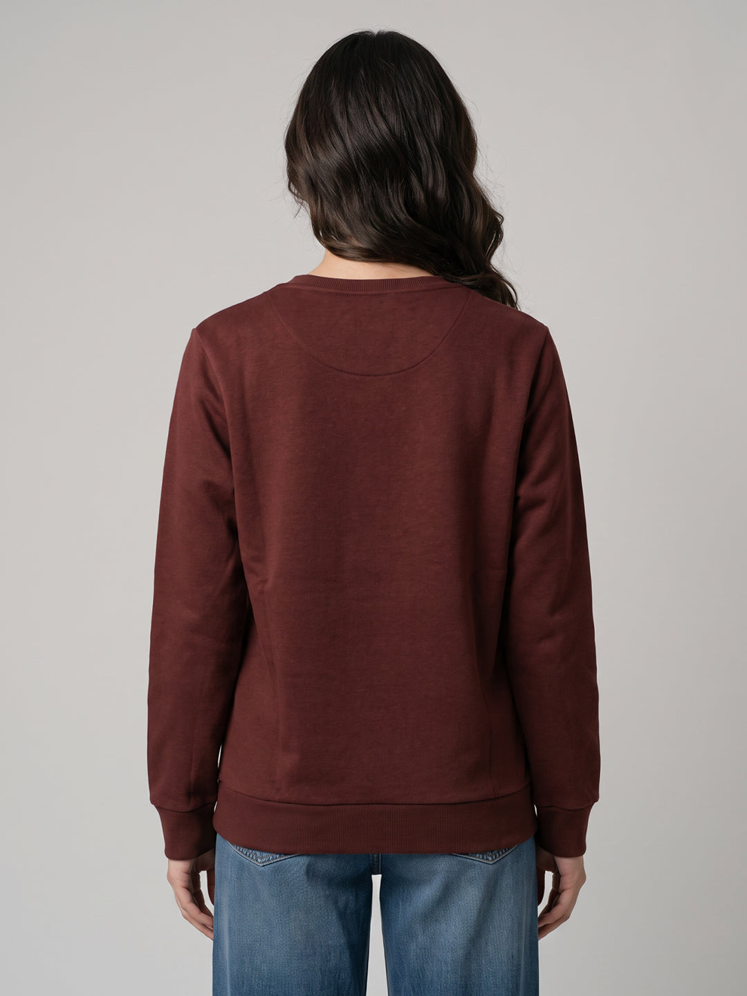 Women Brown Self Design Round Neck Full Sleeve Sweatshirt