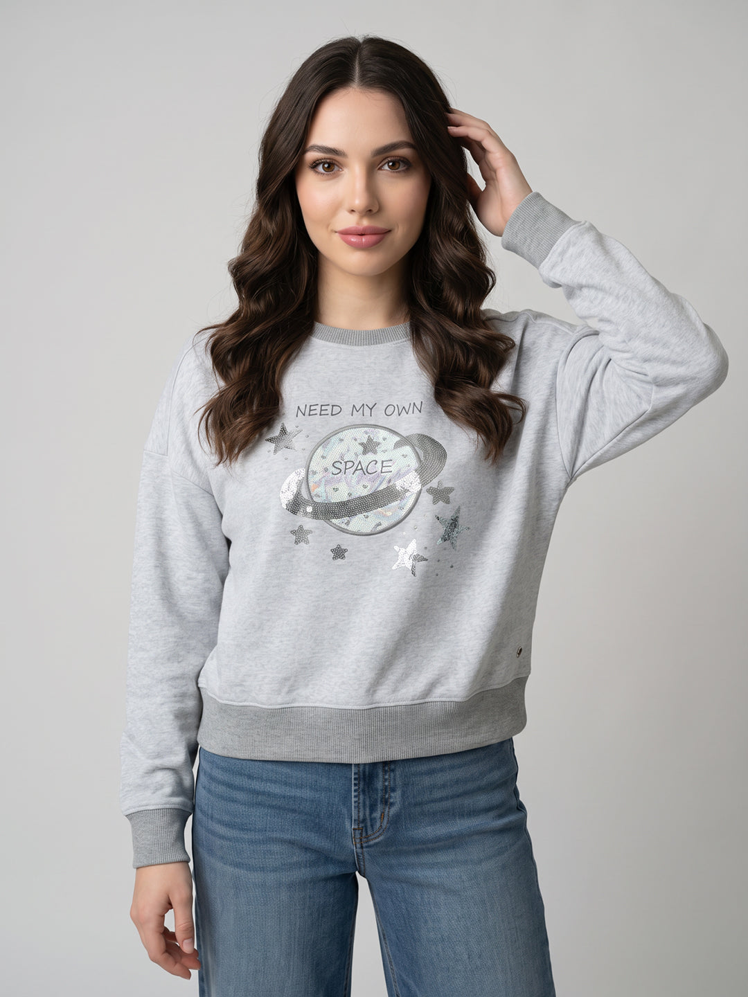 Women Grey Embroidered Round Neck Full Sleeve Sweatshirt