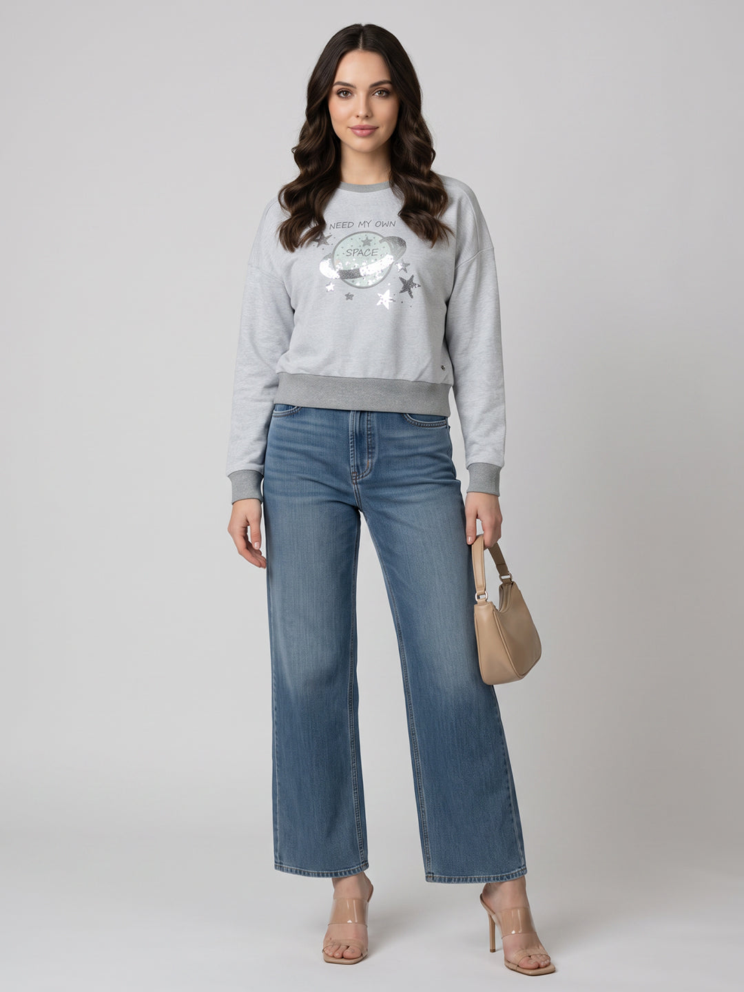 Women Grey Embroidered Round Neck Full Sleeve Sweatshirt