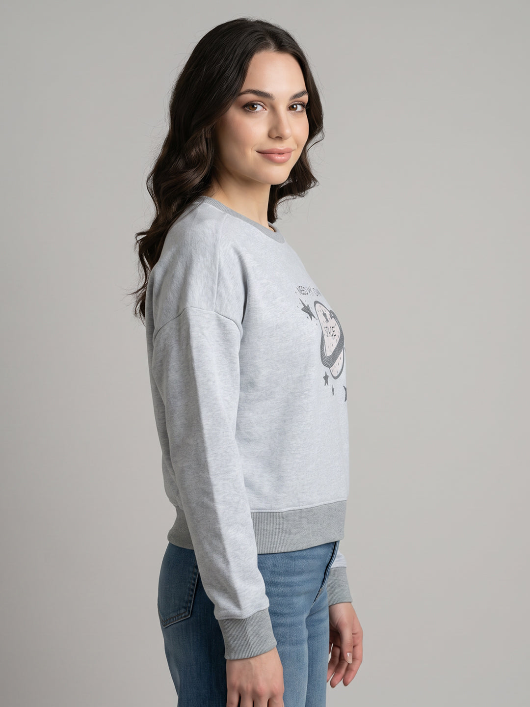 Women Grey Embroidered Round Neck Full Sleeve Sweatshirt