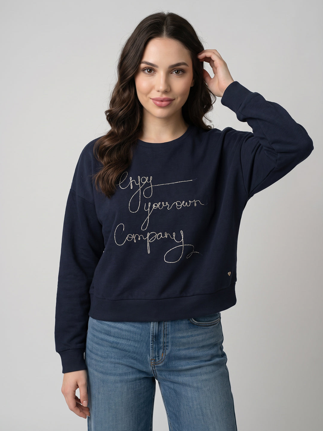 Women Navy Blue Embroidered Round Neck Full Sleeve Sweatshirt