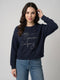 Women Navy Blue Embroidered Round Neck Full Sleeve Sweatshirt