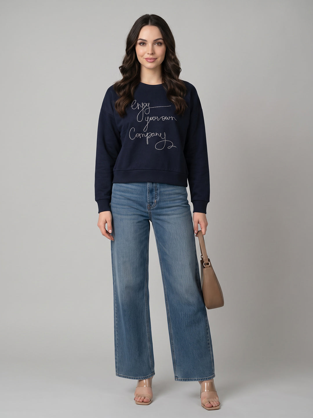 Women Navy Blue Embroidered Round Neck Full Sleeve Sweatshirt