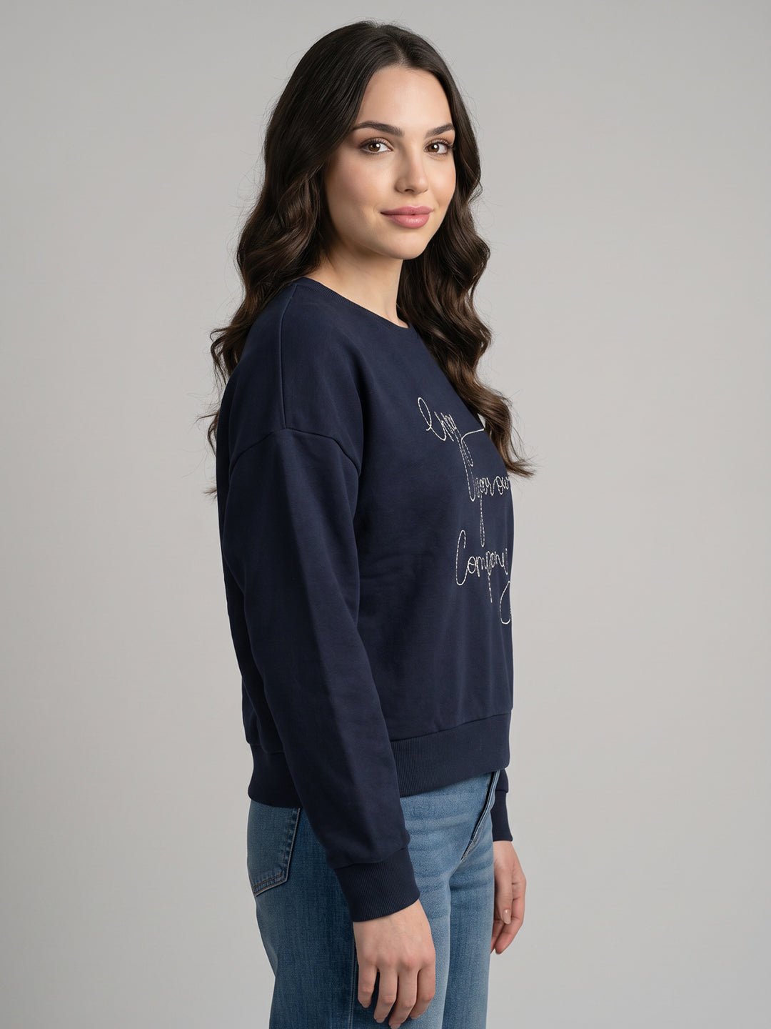 Women Navy Blue Embroidered Round Neck Full Sleeve Sweatshirt