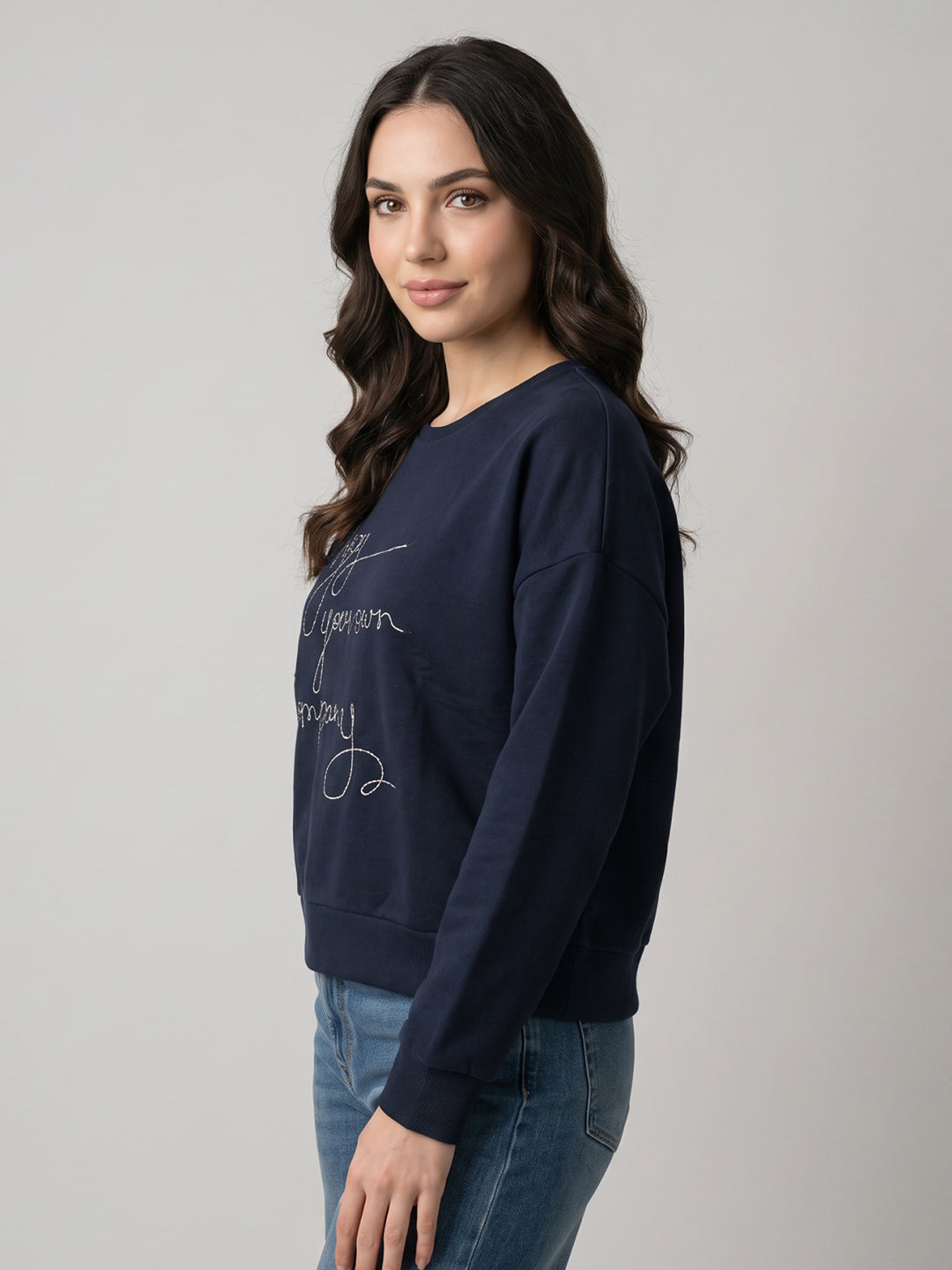 Women Navy Blue Embroidered Round Neck Full Sleeve Sweatshirt
