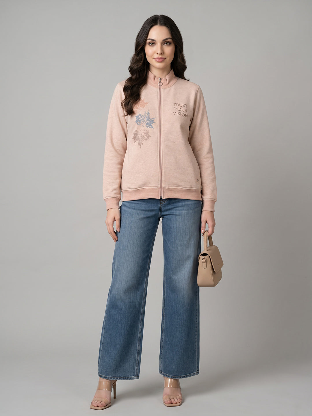 Women Peach Printed Turtle Neck Full Sleeve Sweatshirt