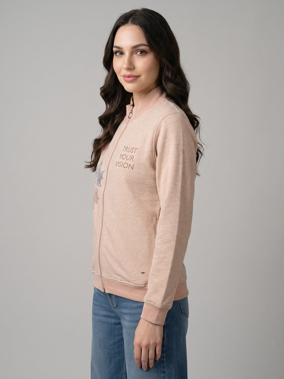 Women Peach Printed Turtle Neck Full Sleeve Sweatshirt