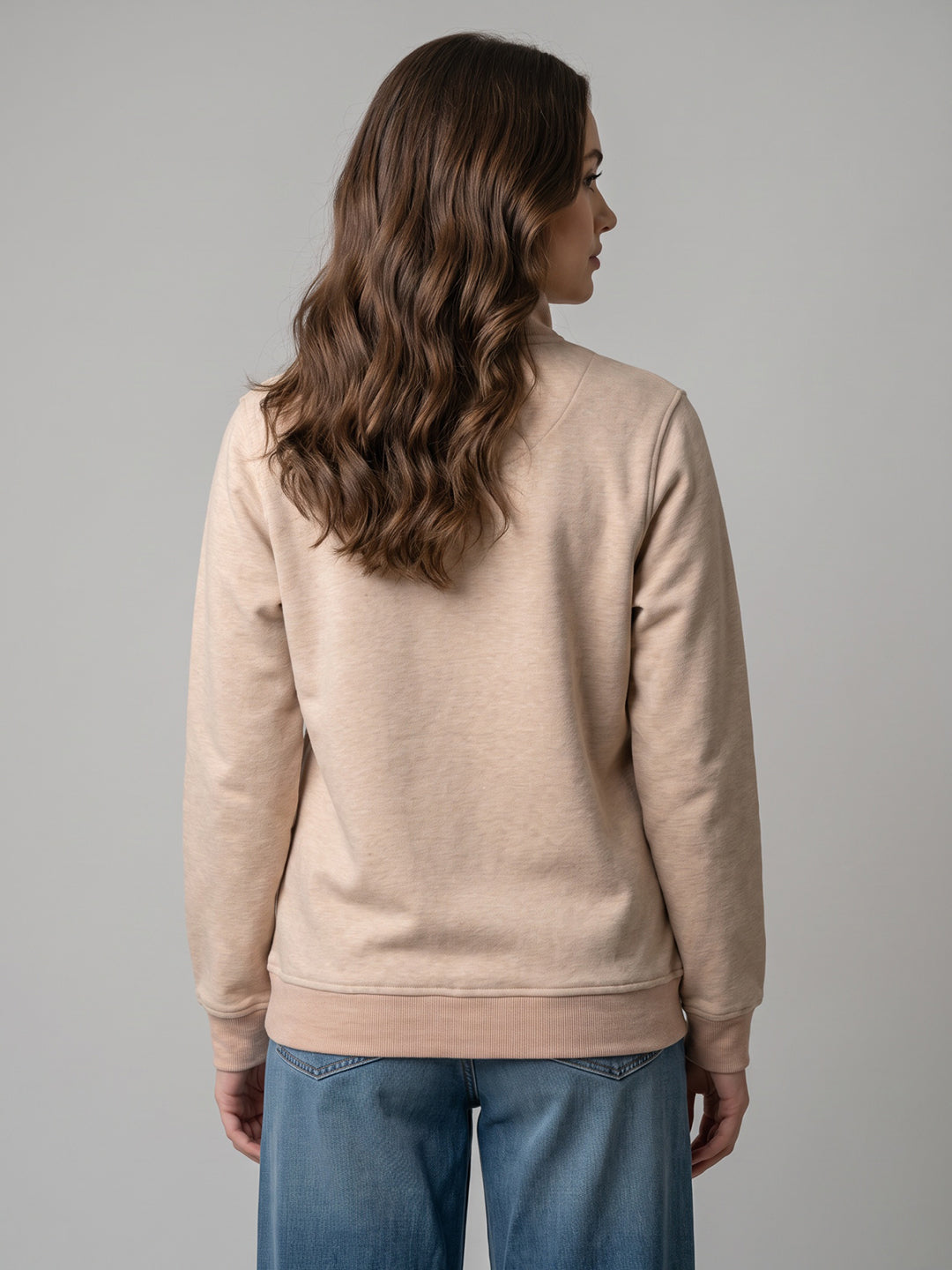Women Peach Printed Turtle Neck Full Sleeve Sweatshirt
