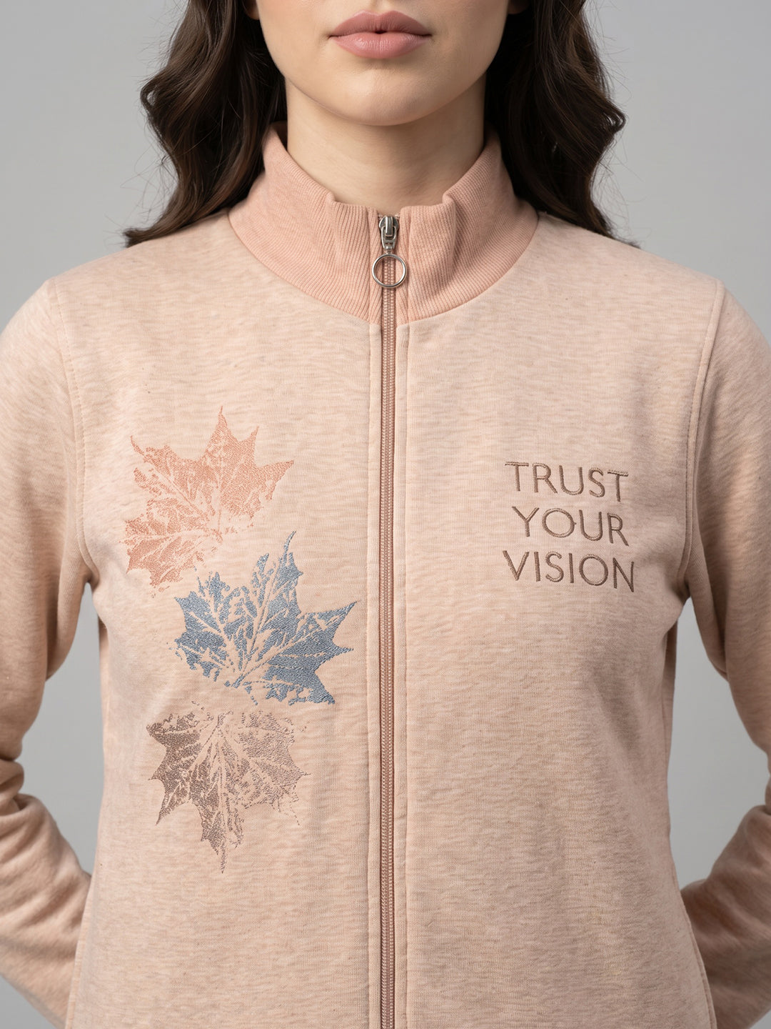 Women Peach Printed Turtle Neck Full Sleeve Sweatshirt