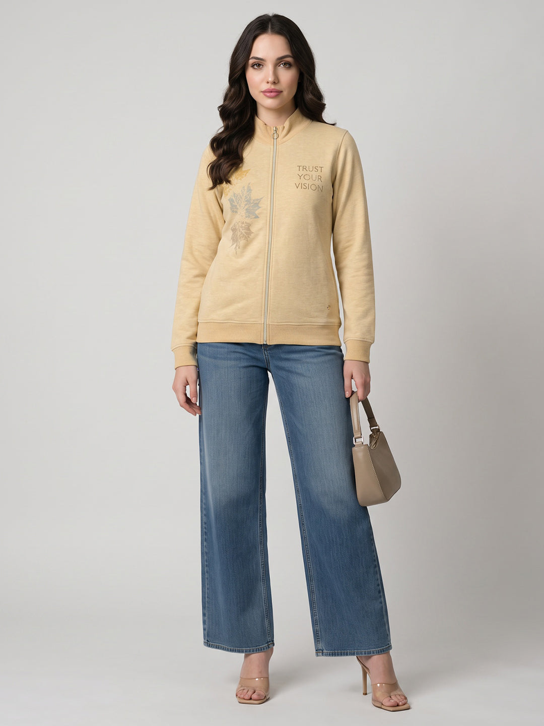 Women Yellow Printed Turtle Neck Full Sleeve Sweatshirt