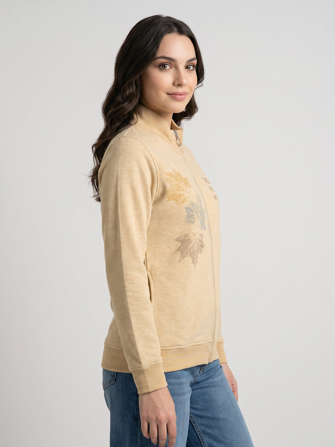 Women Yellow Printed Turtle Neck Full Sleeve Sweatshirt
