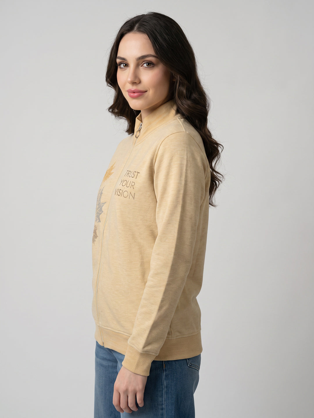 Women Yellow Printed Turtle Neck Full Sleeve Sweatshirt