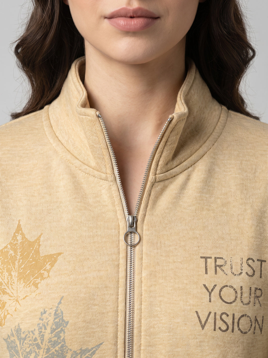 Women Yellow Printed Turtle Neck Full Sleeve Sweatshirt