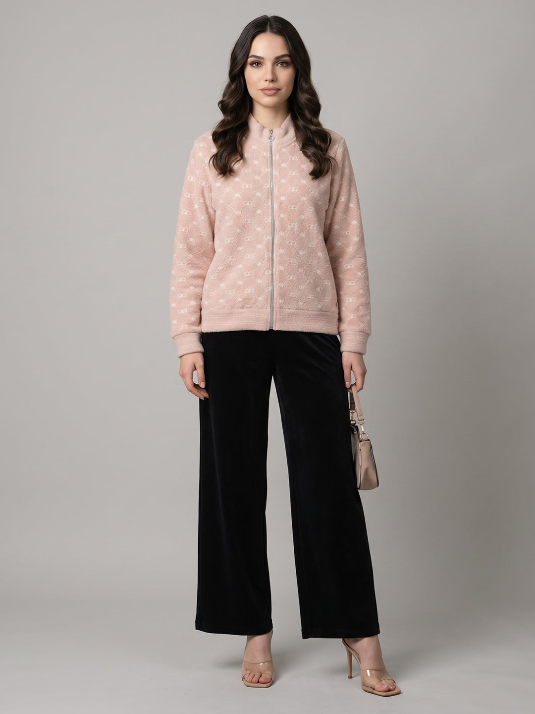Women Pink & Off White Jacquard High Neck Full Sleeve Sweatshirt